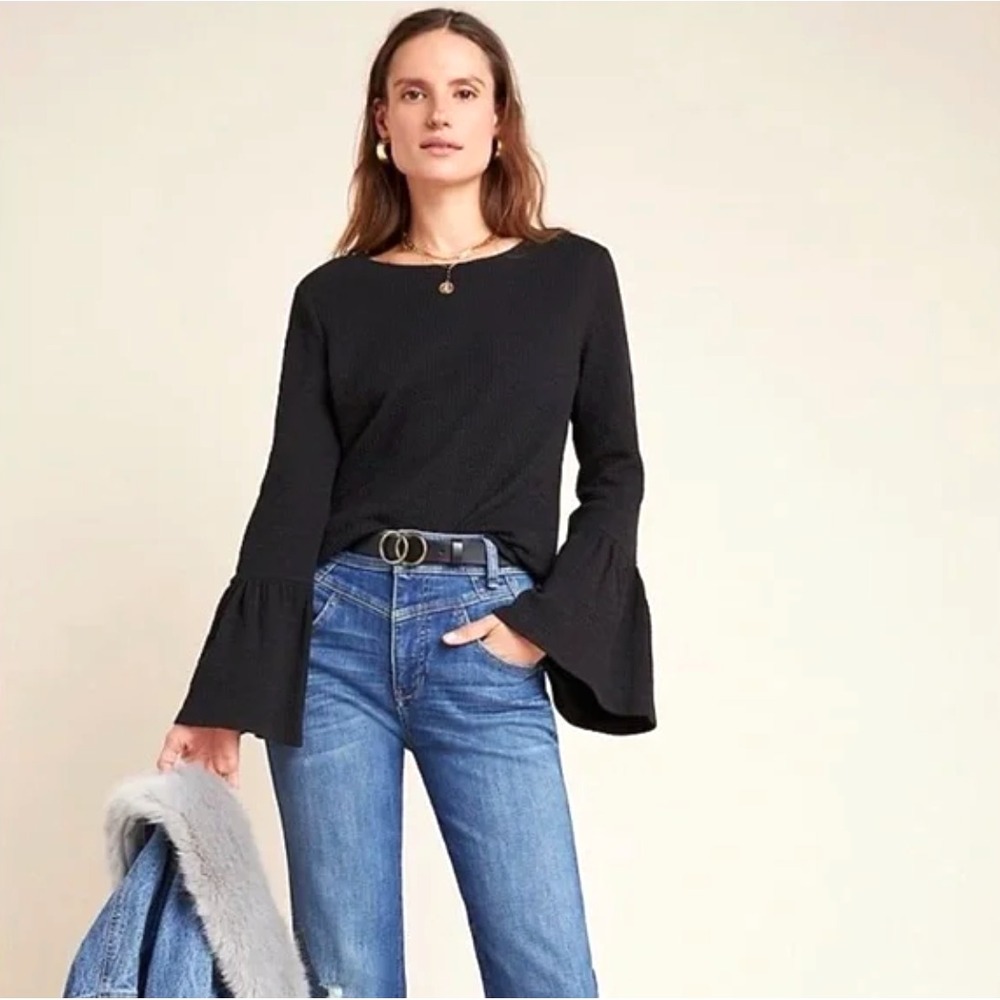 New‎ Anthropologie Porridge Bell Sleeve Knit Top Small Black Boho Stretch
